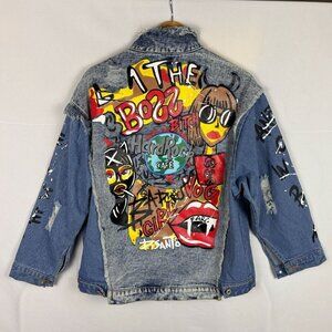 Hard Rock Cafe Women Denim Jacket Sz S Streetwear Y2K Artsy Grunge Graffiti Boho